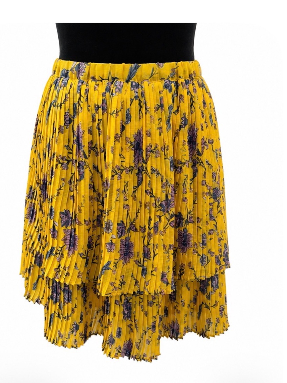 Banana Republic Yellow Pleated Tiered Floral Skirt fully lined sz Medium EUC